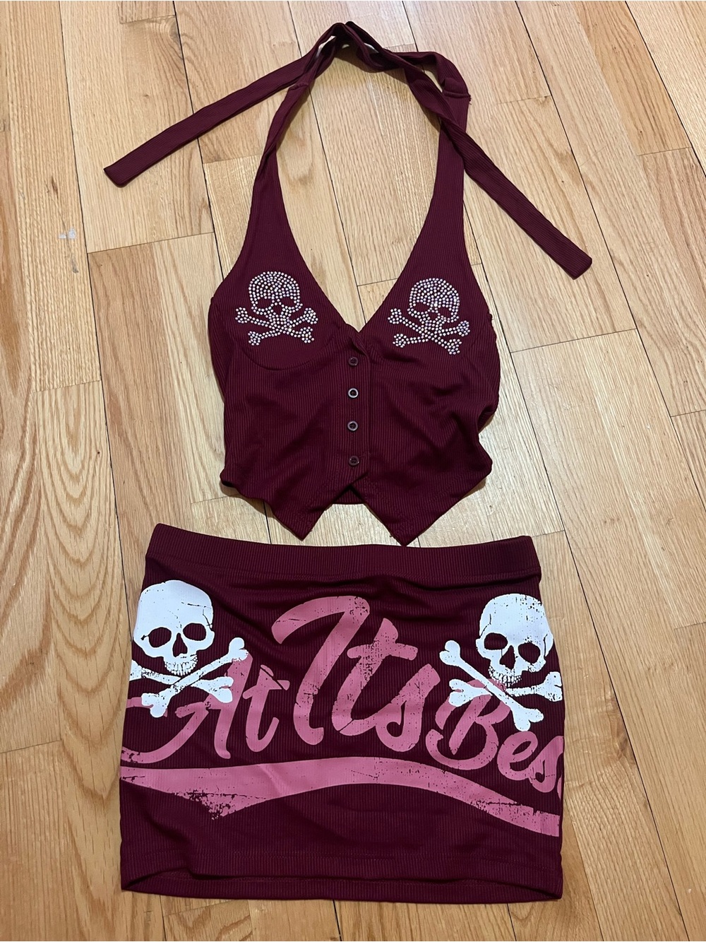 SHEIN Burgundy Halter Crop Top & Skull Print Mini Skirt Set